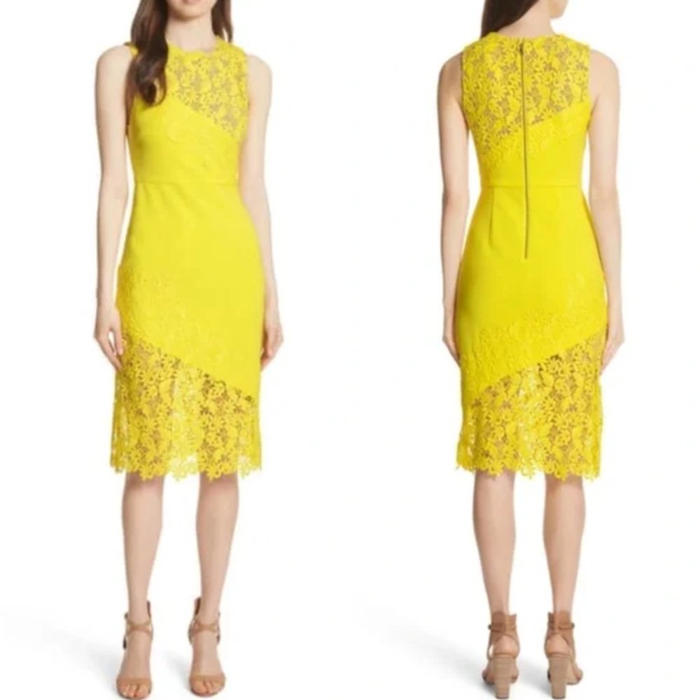 Alice and Olivia Margy Appliquéd Sheath Floral Lace Dress Yellow